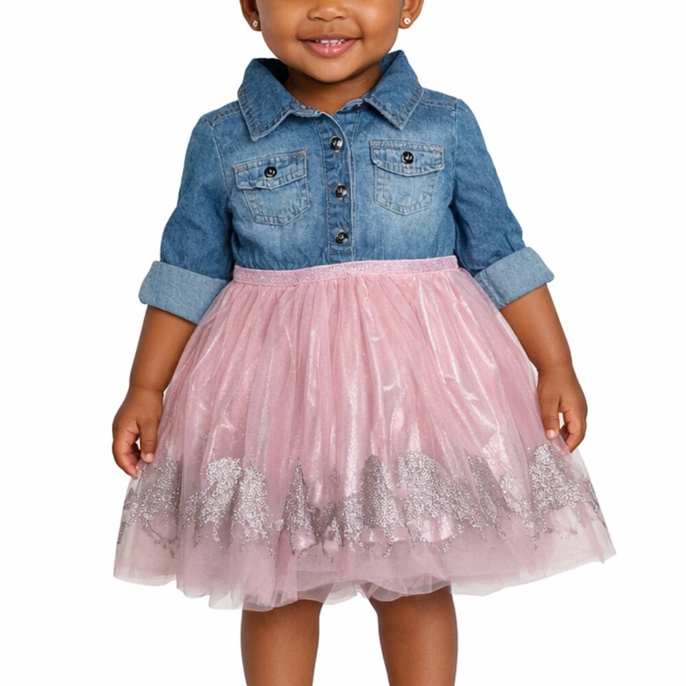Zunie Girls Cotton Blend Denim & Pink Glitter Unicorn Tutu Dress - 2T